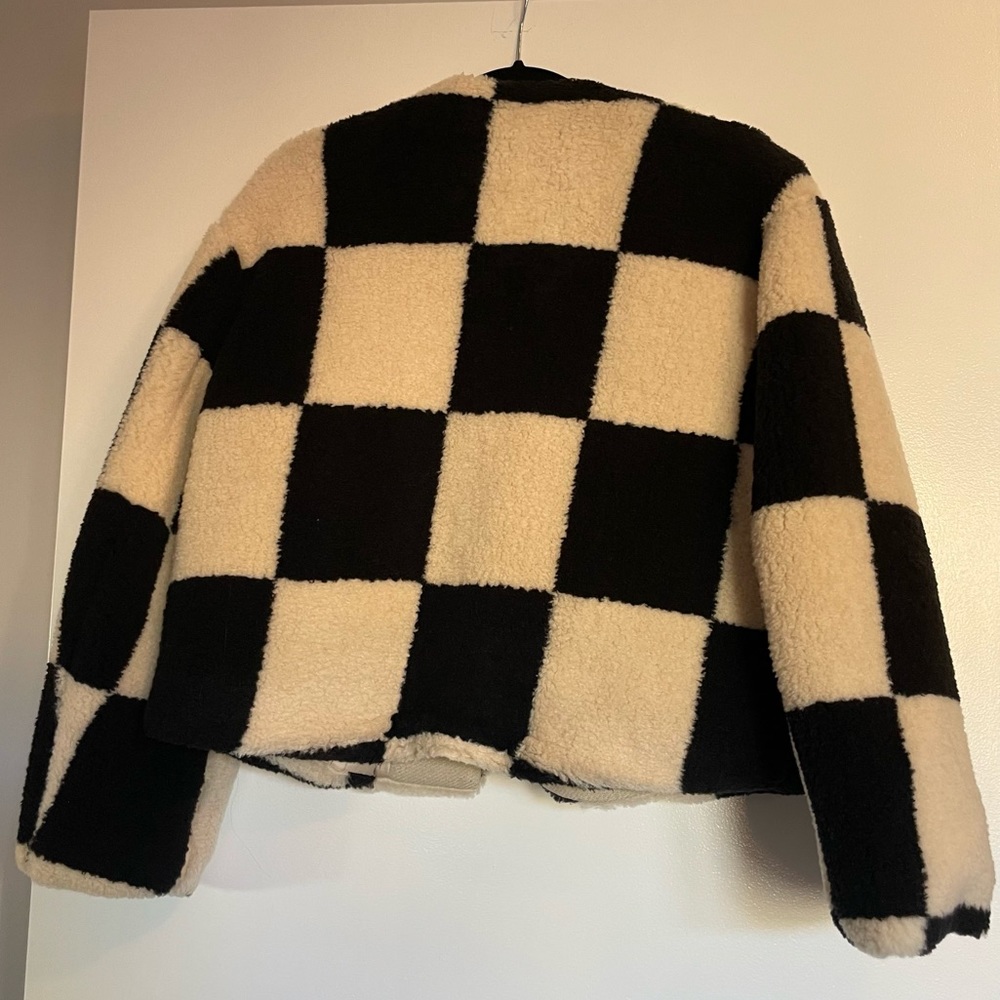 Collarless Checked Shearling Jacket, Black - image 5